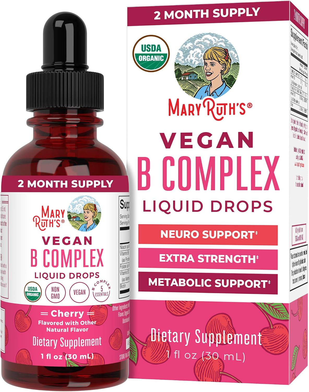 MaryRuth's Organics Vitamin B Complex Liquid Drops - Organic, Vegan, Non-GM, Gluten-free, Cherry Flavour - 2 Month Supply - görsel 1
