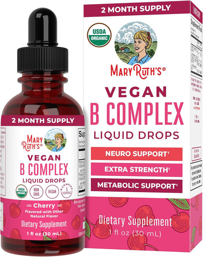 MaryRuth's Organics Vitamin B Complex Liquid Drops - Organic, Vegan, Non-GM, Gluten-free, Cherry Flavour - 2 Month Supply