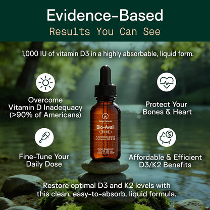 Adapt Naturals Vitamin D3 K2 1000 IU Supplement with MCT Oil – Bio-available Liquid Formula, 1 fl oz (approx. 30 ml, 600 Servings)
