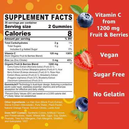 Nextdia Organic Vitamin C Gummies 120mg - Sugar Free Whole Food Immune Support - 60 Sweets