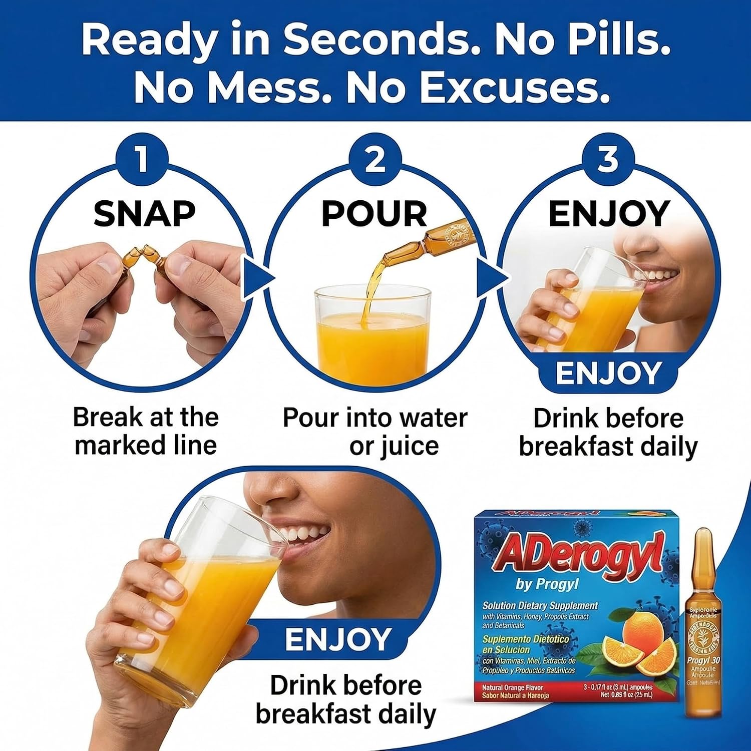 Aderogyl Oral Liquid Vitamins with A, C, D, E, Zinc, Propolis, Honey & Botanical Extracts - Immune Support - 5 Ampoules - görsel 4