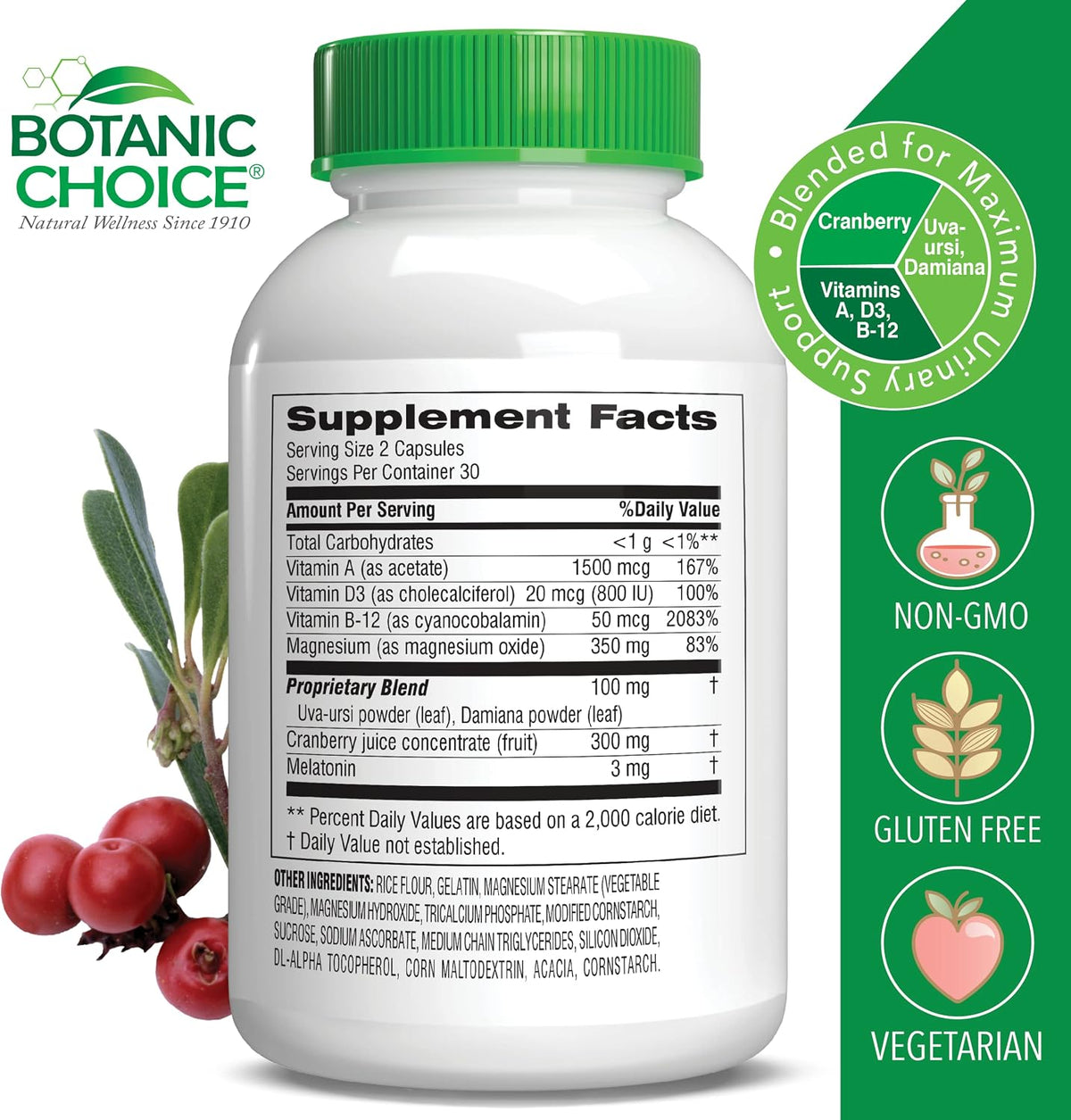 Botanic Choice Pro-Advanced Urinary Formula - Urinary Tract Health Support with Magnesium, Cranberry, Uva Ursi and Damiana - 60 Capsules - görsel 2