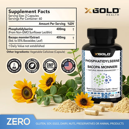 PhosphatidylSerine & Bacopa Monnieri 800 mg - Mental Focus Supplement (120 Vegetarian Capsules)