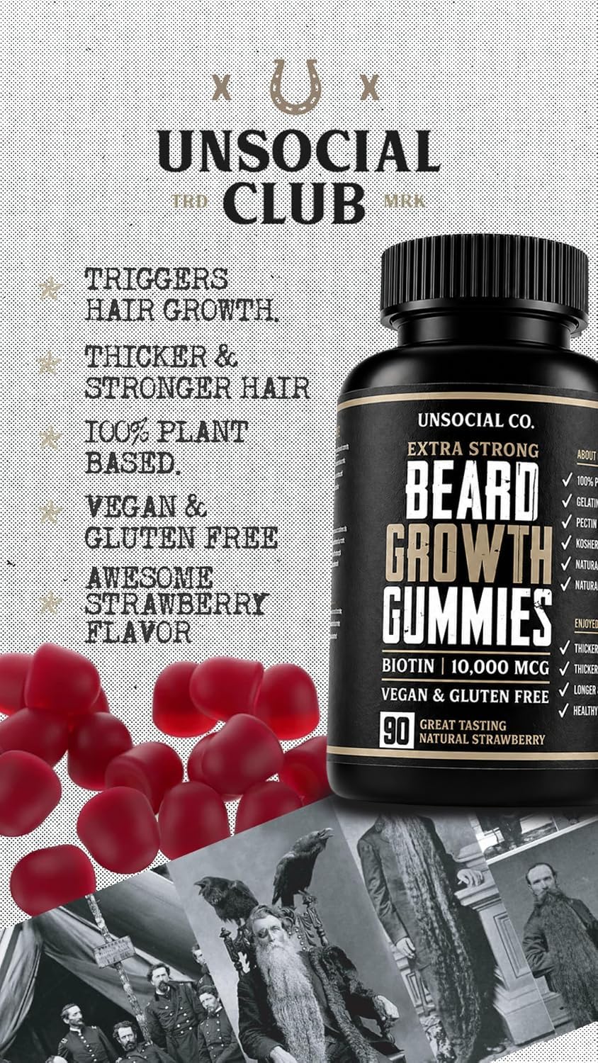Unsocial Club Beard Growth Gummies 90 ct | 10,000mcg Biotin | Vitamin B7 | Vegan, Kosher & Gluten-free | Natural Strawberry Flavour - görsel 3