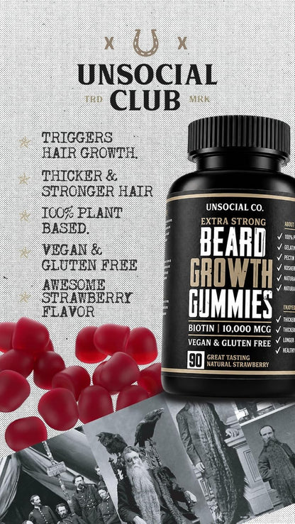 Unsocial Club Beard Growth Gummies 90 ct | 10,000mcg Biotin | Vitamin B7 | Vegan, Kosher & Gluten-free | Natural Strawberry Flavour