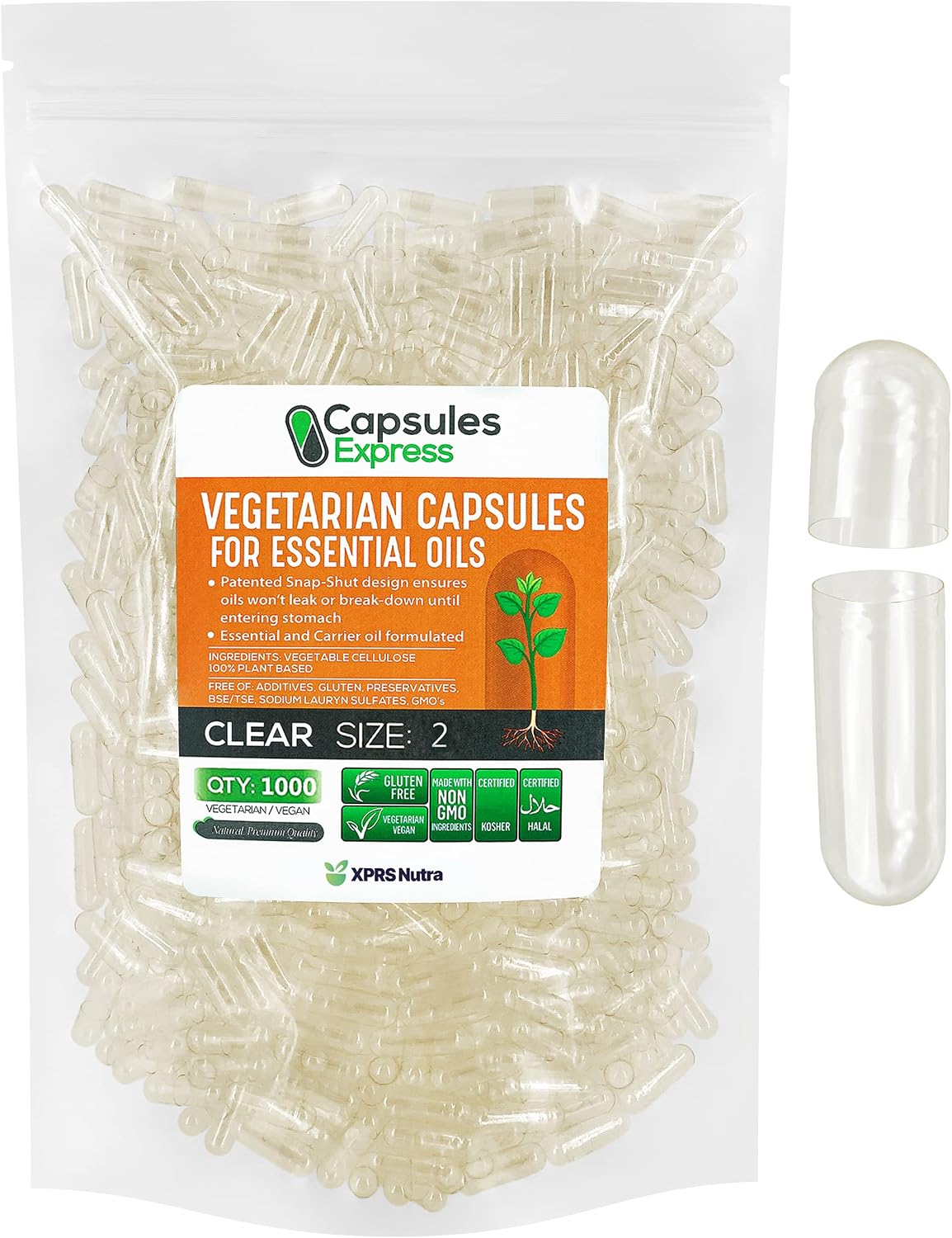 XPRS Nutra Size 2 Empty Vegan Capsules - 1000 Count Clear Veggie Capsules - görsel 1