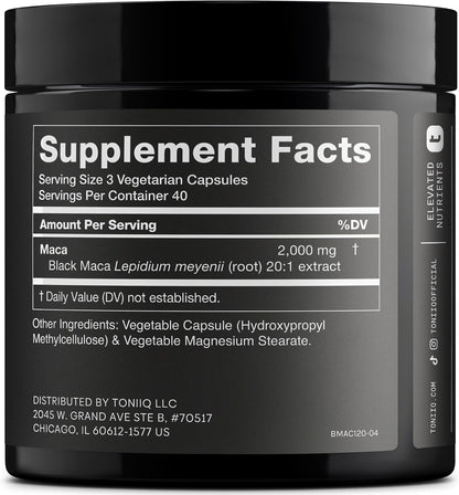 Toniiq Black Maca Root – Ultra High Potency 20:1 Extract – Single Origin, Wildcrafted & Highly Concentrated – Third-Party Lab Tested – 120 Capsules
