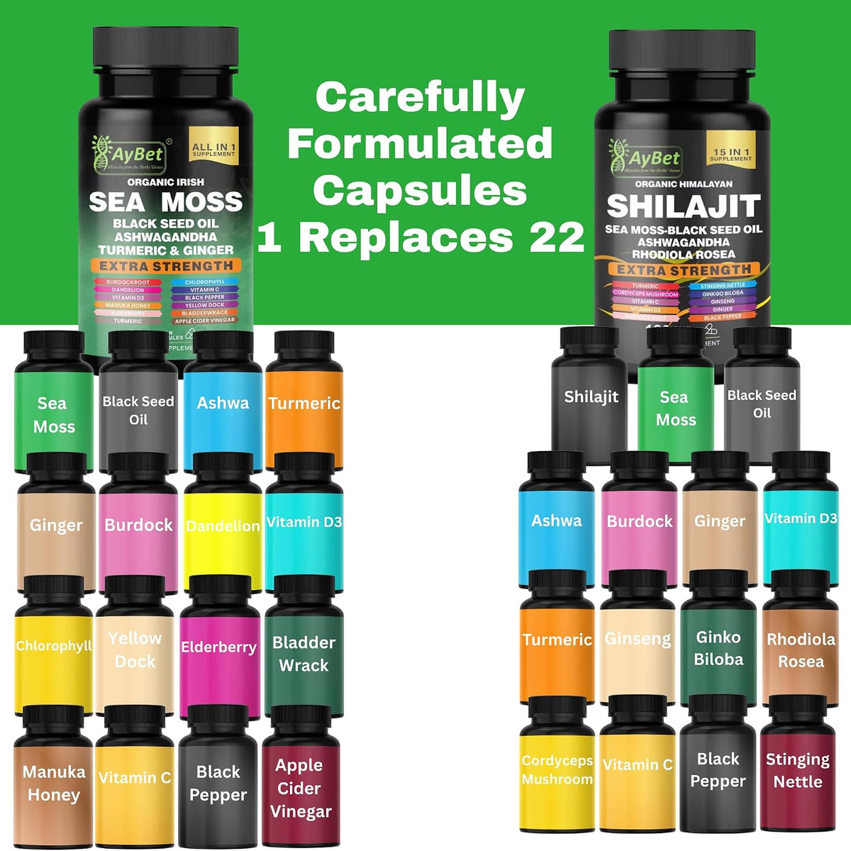 Sea Moss & Himalayan Shilajit Supplement Combo – Herbal Formula with Black Seed Oil, Ashwagandha, Rhodiola, Turmeric, Ginger – Mineral & Antioxidant Support – Organic, Halal, Vegan Capsules (120 Count) - görsel 3