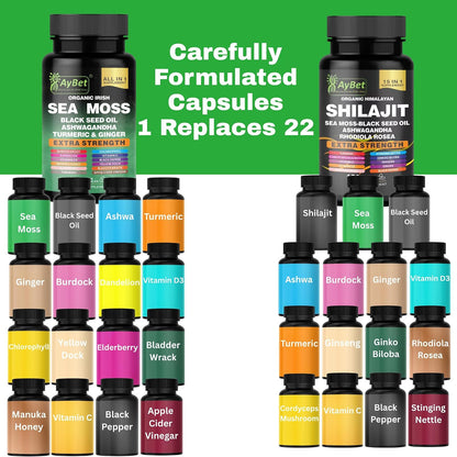 Sea Moss & Himalayan Shilajit Supplement Combo – Herbal Formula with Black Seed Oil, Ashwagandha, Rhodiola, Turmeric, Ginger – Mineral & Antioxidant Support – Organic, Halal, Vegan Capsules (120 Count)