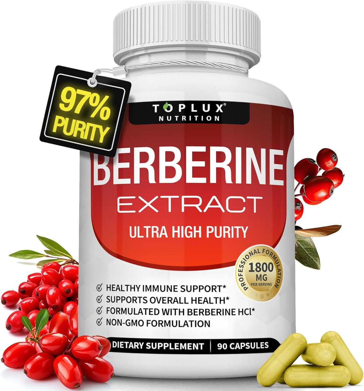 Toplux Berberine Supplement 1800mg - Berberine HCl 97% Purity, High Potency, 90 Capsules - görsel 1
