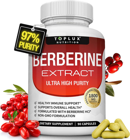 Toplux Berberine Supplement 1800mg - Berberine HCl 97% Purity, High Potency, 90 Capsules