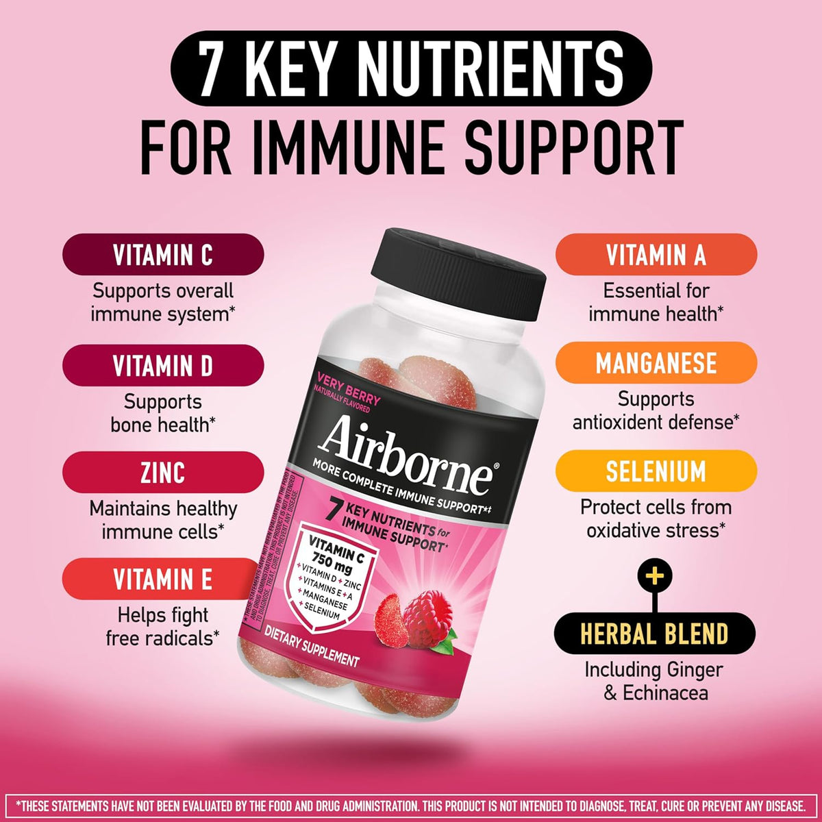 Airborne 750mg Vitamin C Gummies for Adults - Immune Support - 42 Gummies, Very Berry Flavour - görsel 3
