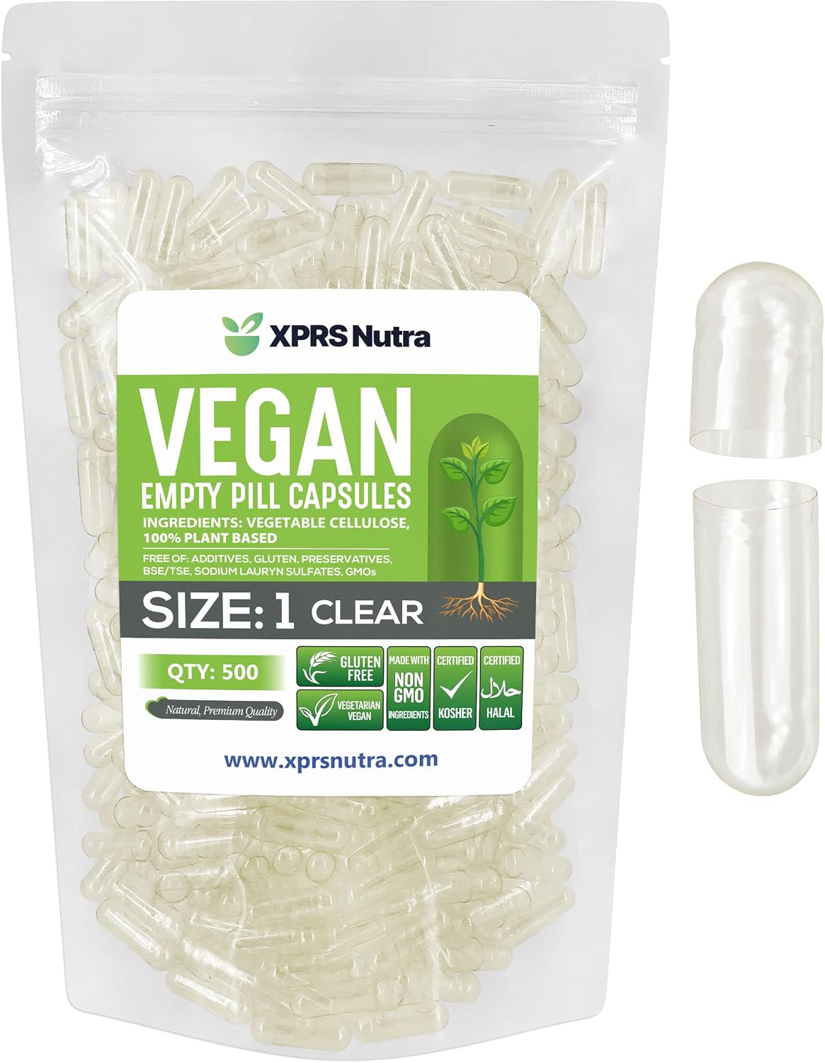 XPRS Nutra Size 1 Empty Capsules - 500 Count Clear Vegan Capsules - Vegetarian Pills - DIY Vegetable Capsule Filling - Veggie Caps for Home Supplement Making - görsel 1
