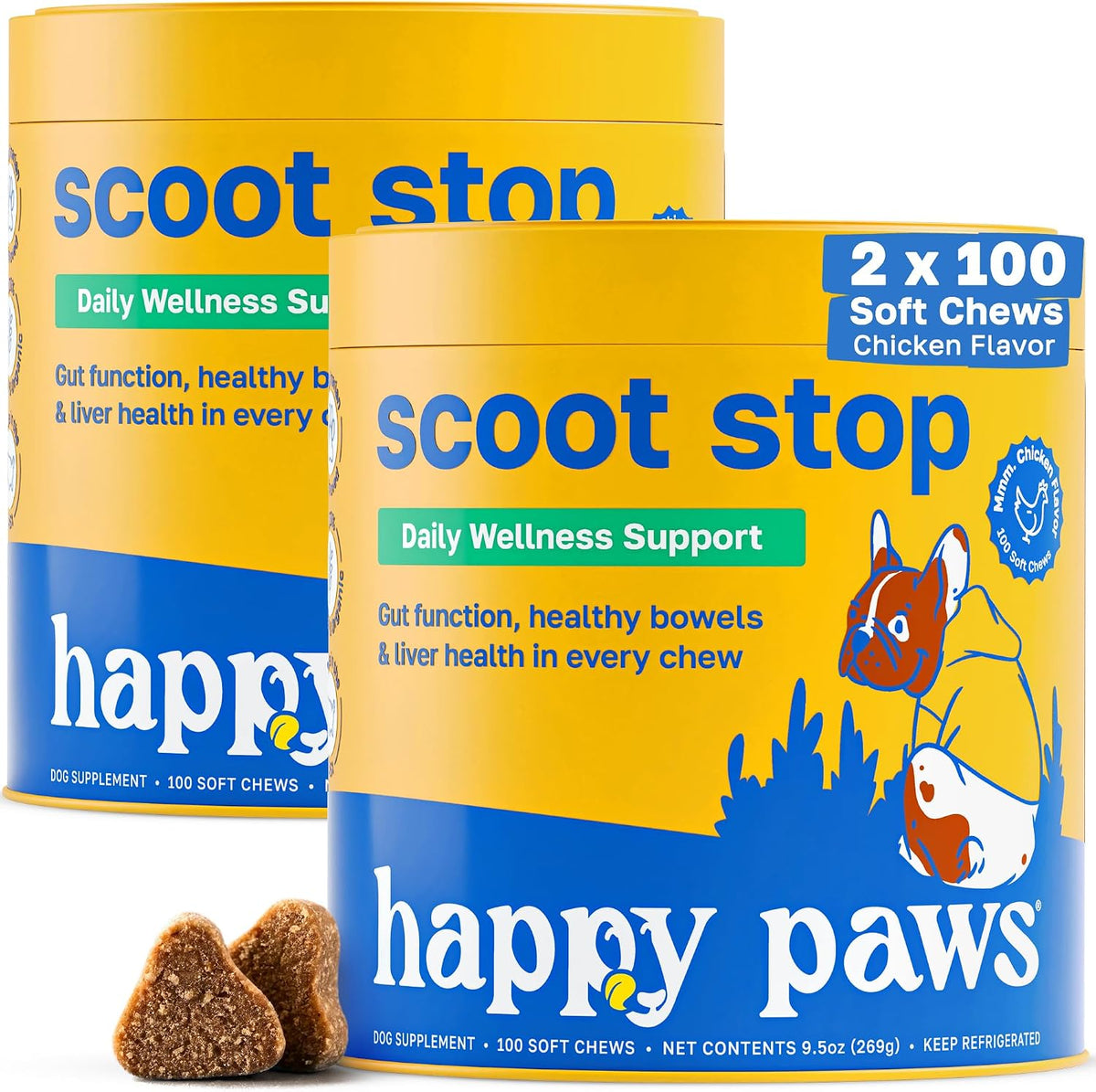 Happy Paws Scoot Stop Dog Chews, Anal Gland Support for Dogs, Soft Chews with Coconut Oil, Pumpkin, Sweet Potato & Sea Kelp for Healthy Digestion, Organic, Non-GMO, Vegan, Chicken Flavour, 200 Count - görsel 1