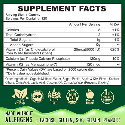 OH MY CHEWY Centre-Filled Vitamin D3 K2 & Calcium Gummies - 5000 IU D3, 120 mcg K2 (MK-7), 120 mg Calcium - Vegan & Non-GMO - 120 Count