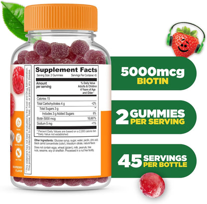 Lifeable Kids Biotin Gummies, 5000mcg, Natural Raspberry Flavour, 90 Gummies