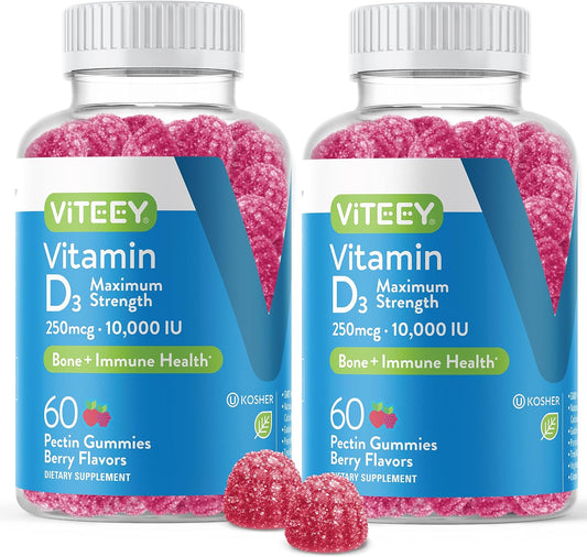 Viteey Vitamin D3 Gummies for Adults and Teens – 10,000 IU (250 mcg) – Maximum Strength Immune and Bone Support – Chewable, Kosher, Non-GMO, Vegetarian – 120 Count