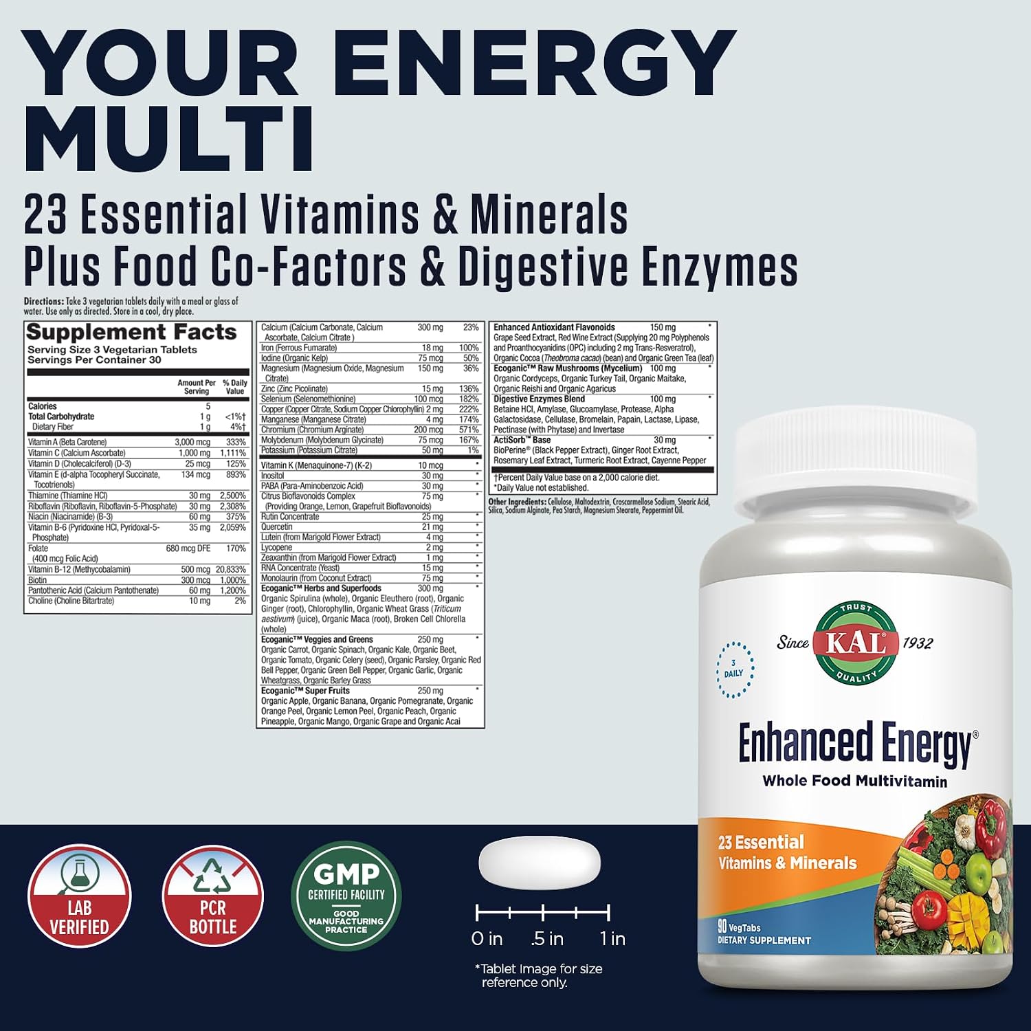 Kal Enhanced Energy - Multivitamin with Green Foods and ActiSorb - 90 Tablets - görsel 2