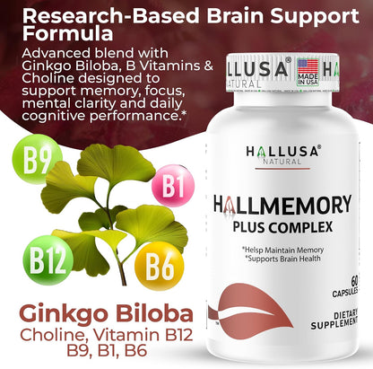 Hallusa Natural Brain Health Supplement - Cognitive Support for Memory and Focus with Ginkgo Biloba, Choline, L-Glutamic Acid and Vitamin B Complex - 60 Capsules
