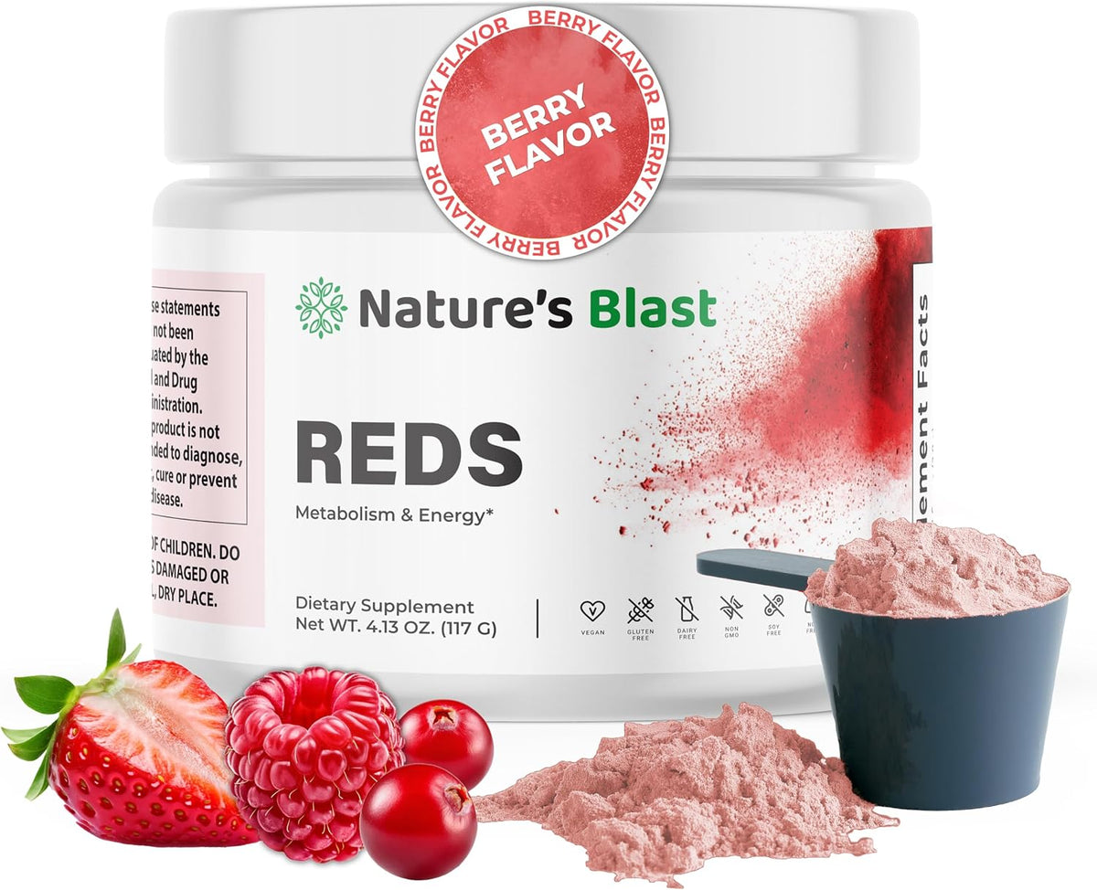 NATURES BLAST Reds - Metabolism and Energy Superfood Powder with 23 Red Fruits, 4 Adaptogens, Probiotics & Enzymes - Vegan Antioxidant Blend, 1 Bottle - görsel 1