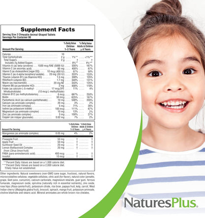 NaturesPlus Animal Parade Children's Chewable Multivitamin - 180 Animal-Shaped Tablets - Natural Assorted Flavours