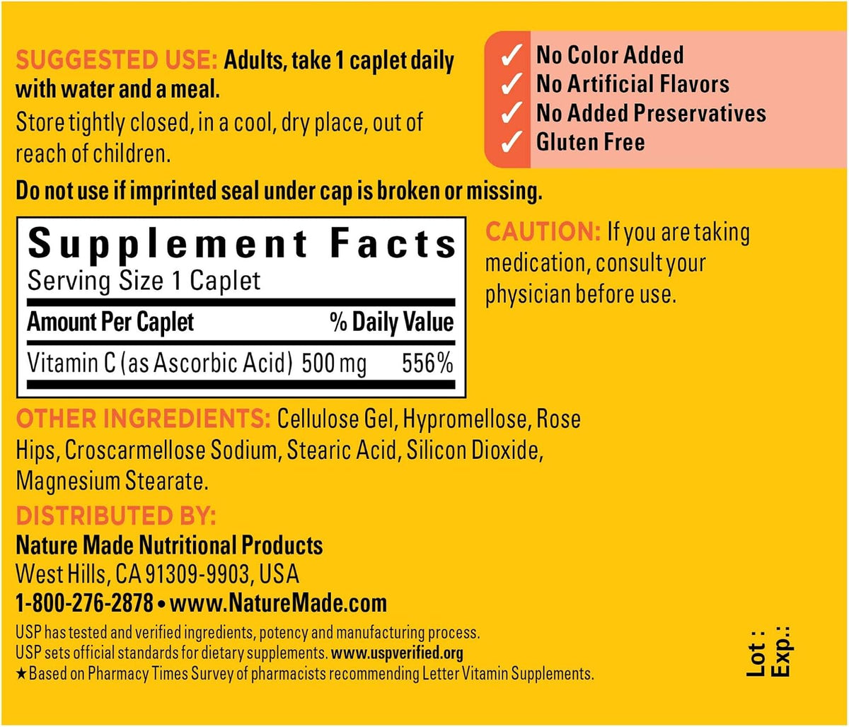 Nature Made Vitamin C 500 mg with Rose Hips Caplets, 130 Count - görsel 2