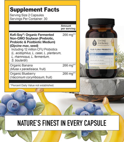 Your Flora Probiotic Family – Non-GM Probiotics with Fermented Soybean, Banana, and Blueberry for Digestive Health & Gut Wellness – Prebiotics, Postbiotics, Digestive Enzymes – Living Alchemy, 60 Capsules
