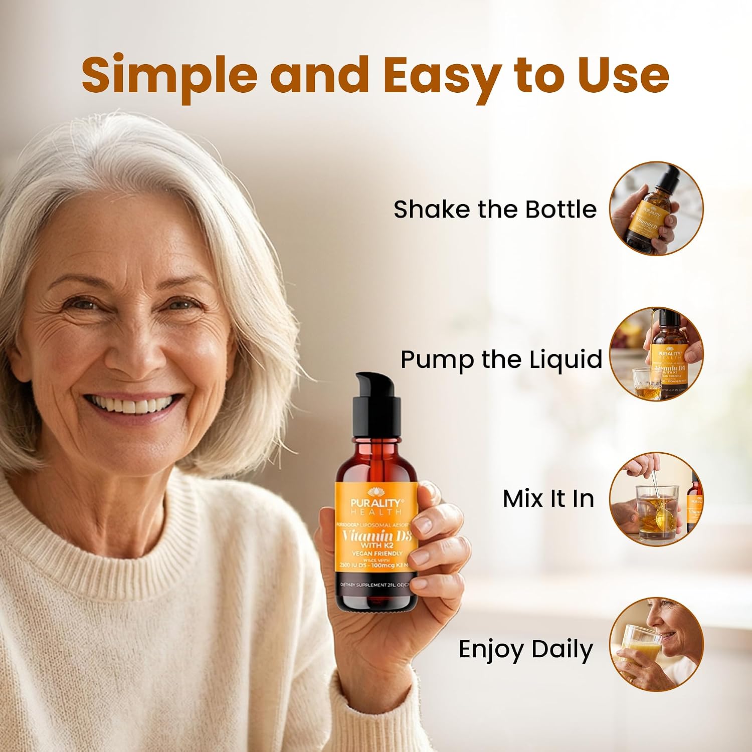PURALITY HEALTH Vitamin D3 with K2 Liquid Supplement, Vegan, Micelle Liposomal Enhanced Absorption, Non-GMO, 30 Day Supply - görsel 6
