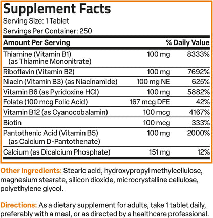 Bronson Super B 100 Vitamin B Complex Sustained Release - 250 Tablets