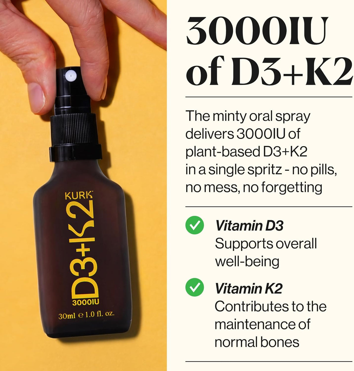 Kurk Vegan Vitamin D3 K2 Spray - 3000IU D3 & K2 MK-7, Plant-Based, Mint (30ml) - görsel 3