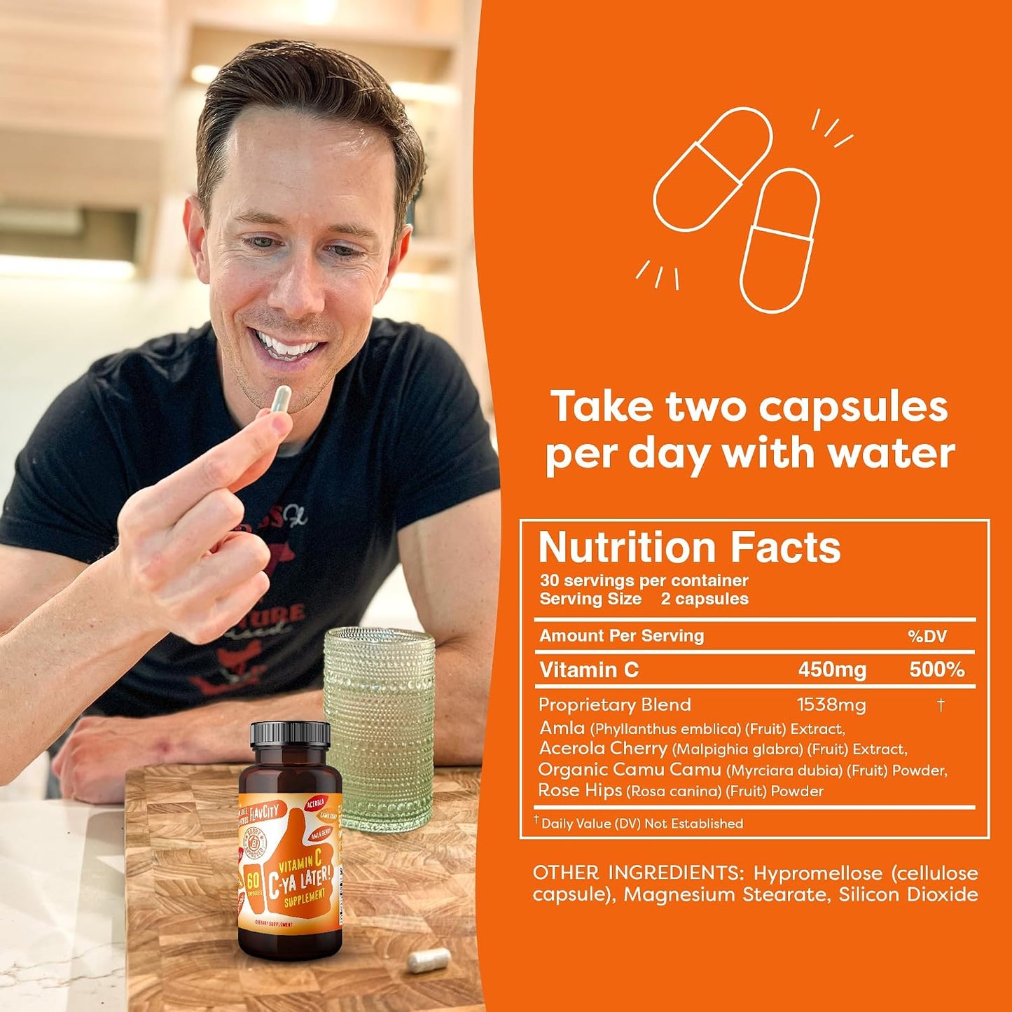 FlavCity Vitamin C Supplement, C-Ya Later! Superfood-Derived Immunity Support - Vitamin C from Acerola Cherry, Rose Hips & Camu Camu - 500% NRV (60 Capsules) - görsel 5