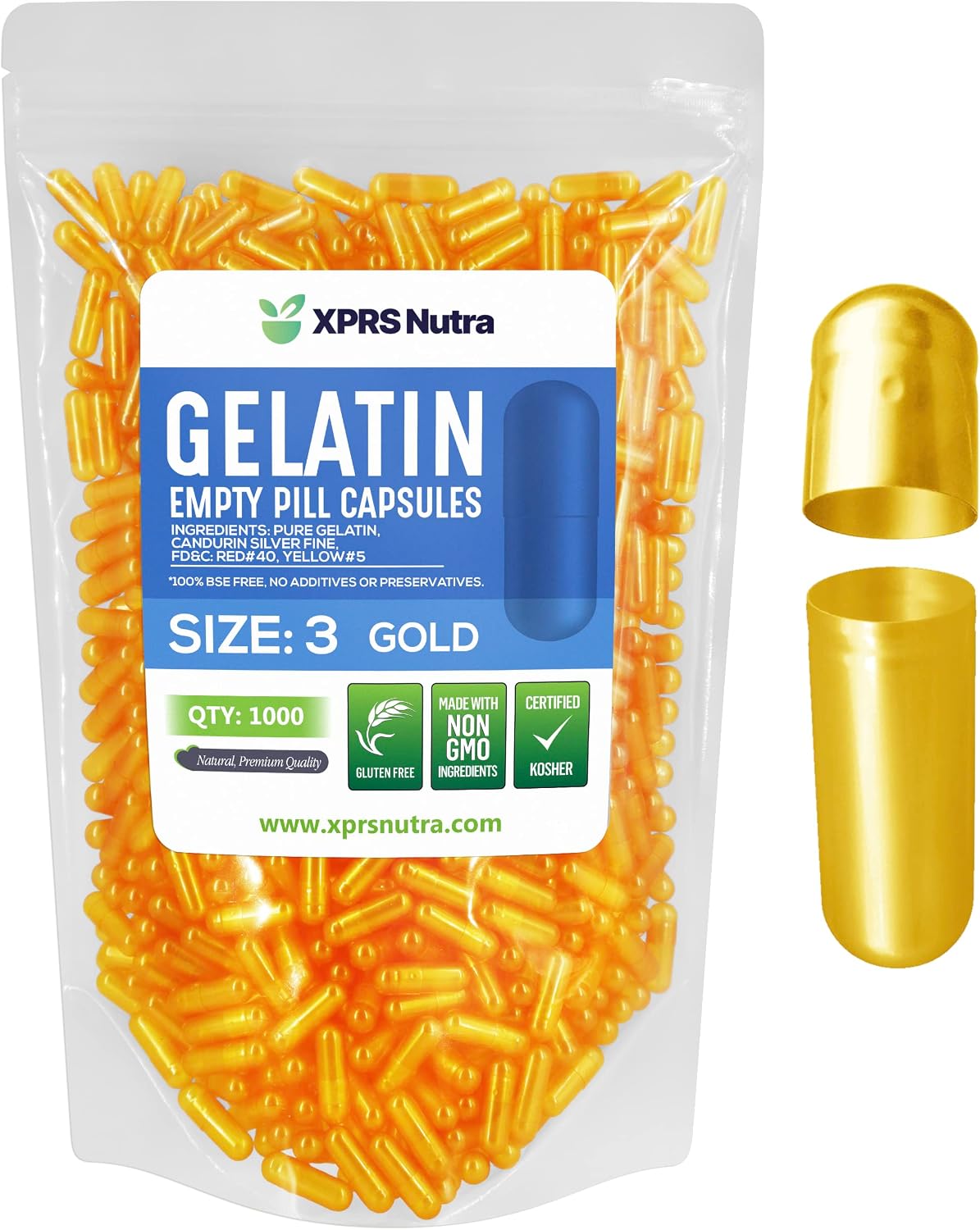 XPRS Nutra Size 3 Empty Gelatine Capsules – 1000 Count for DIY Supplement Filling (Gold) - görsel 1