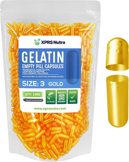 XPRS Nutra Size 3 Empty Gelatine Capsules – 1000 Count for DIY Supplement Filling (Gold)