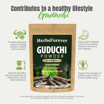 Herbsforever Guduchi Powder (Tinospora cordifolia) - 454g, Premium Herbal Powder, Non-GM, Vegan, Gluten-Free
