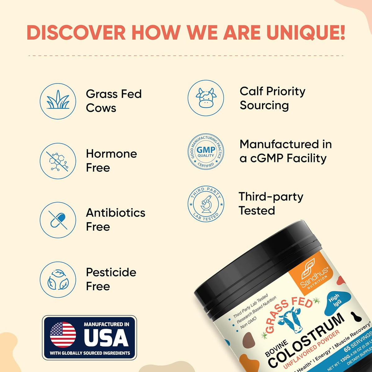 Sandhu's Grass Fed Bovine Colostrum Powder for Humans - Unflavoured, 65 Servings (Pack of 2) - görsel 7