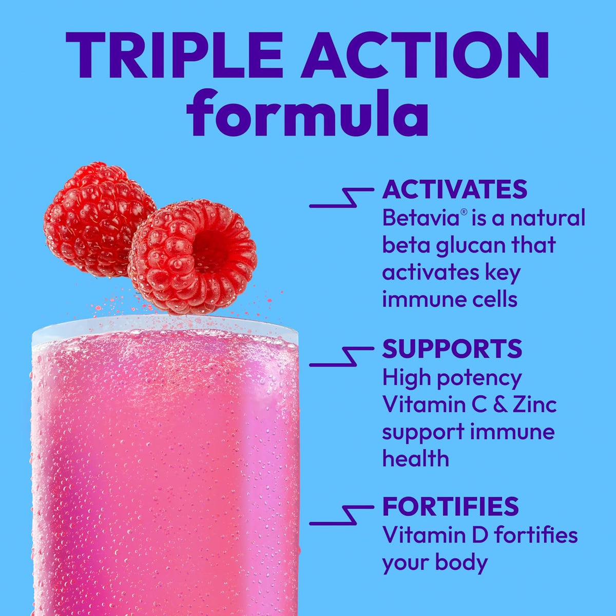 Emergen-C Immune+ Triple Action Immune Support Powder, BetaVia, 1000mg Vitamin C, B Vitamins, Vitamin D and Antioxidants, Raspberry Flavour – 30 Count - görsel 3
