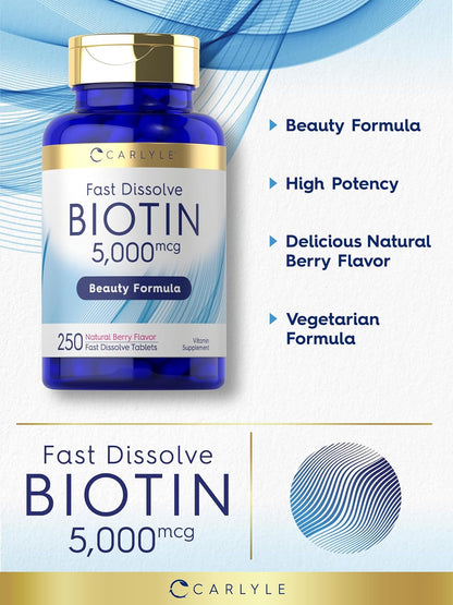 Carlyle Biotin 5000mcg Fast Dissolve Tablets, 250 Count – Vegetarian, Non-GMO, Gluten-free