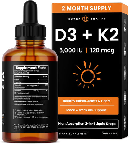 NutraChamps Vitamin D3 K2 Drops - Liquid D3 5000 IU with K2 MK-7, Unflavoured
