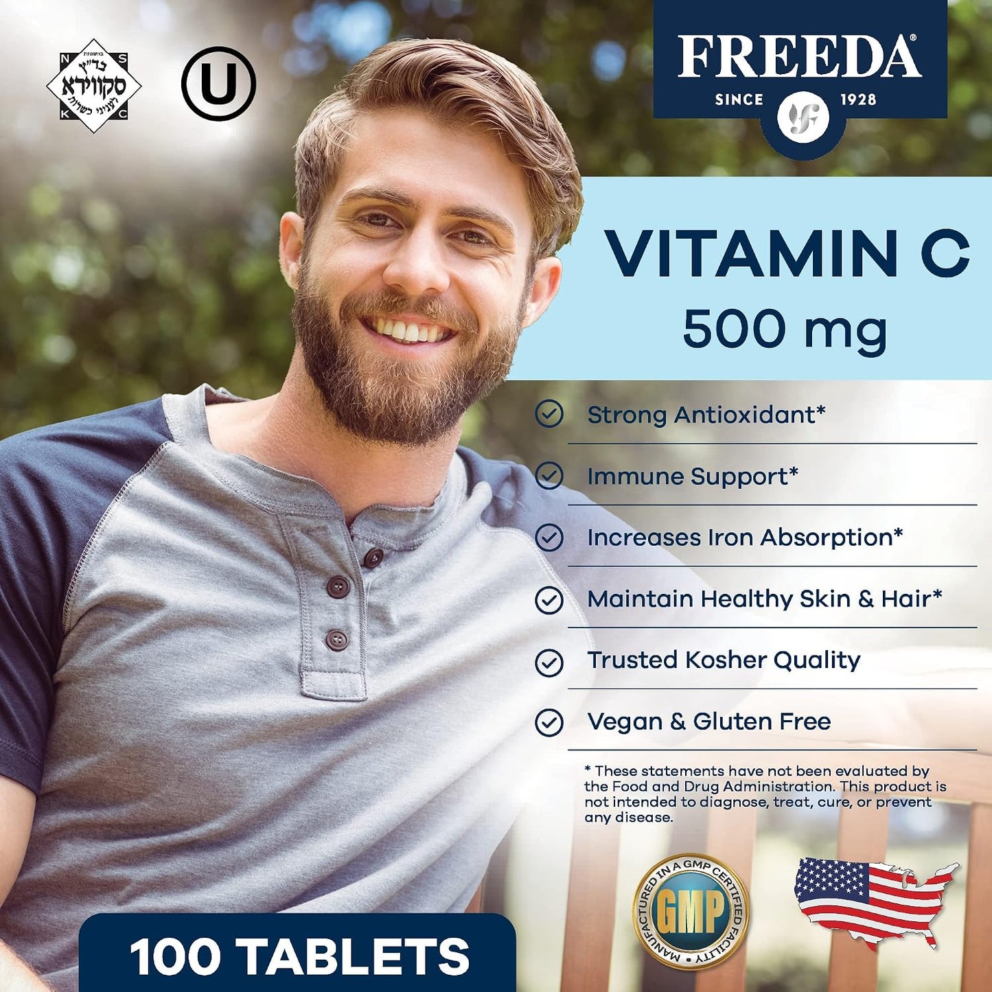 FREEDA Vitamin C 500 mg – Vegan Kosher Antioxidant Immune Support – 100 Tablets - görsel 2