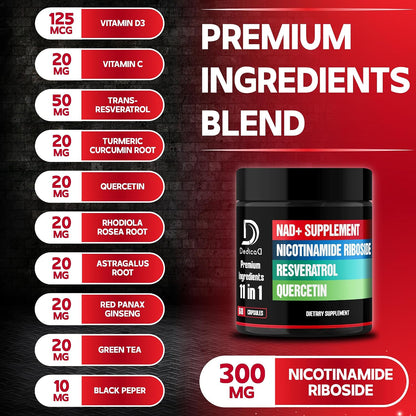 DEDICAD 11in1 NAD+ Supplement with Nicotinamide Riboside, Quercetin, Resveratrol and 8 More - 2 Month Supply