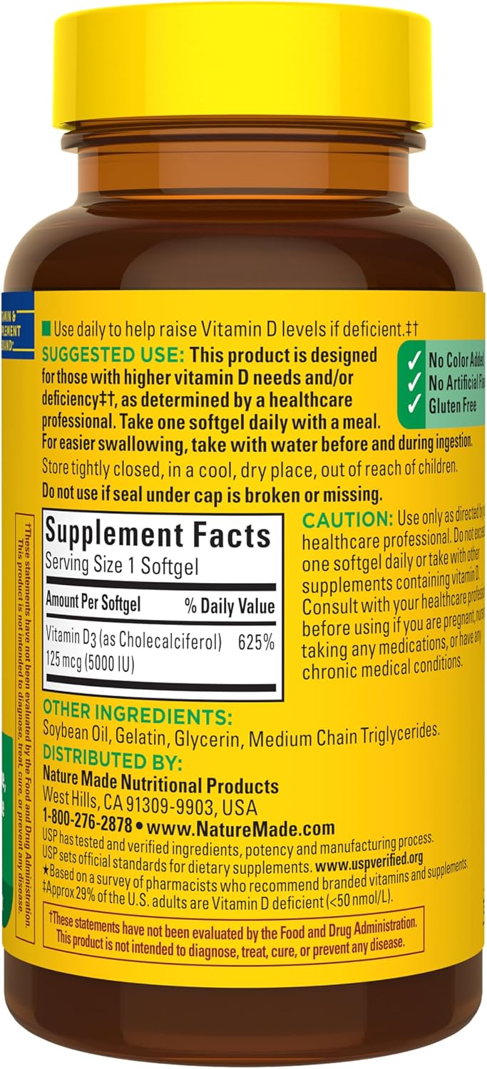 Nature Made Vitamin D3 5000 IU (125 mcg) Softgels, Extra Strength Vitamin D Food Supplement for Bone and Immune Health, 90 Softgels, 90-Day Supply - görsel 8