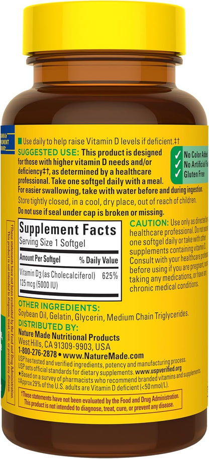 Nature Made Vitamin D3 5000 IU (125 mcg) Softgels, Extra Strength Vitamin D Food Supplement for Bone and Immune Health, 90 Softgels, 90-Day Supply