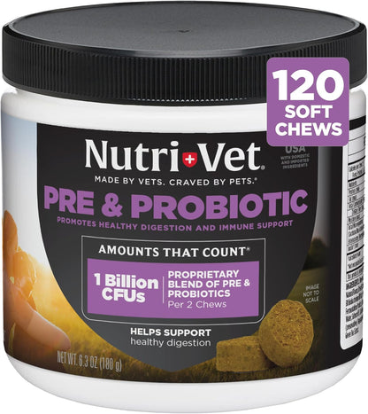 Nutri-Vet Pre & Probiotics for Dogs, Digestive Support, 120 Soft Chews (Liver & Cheese Flavour)