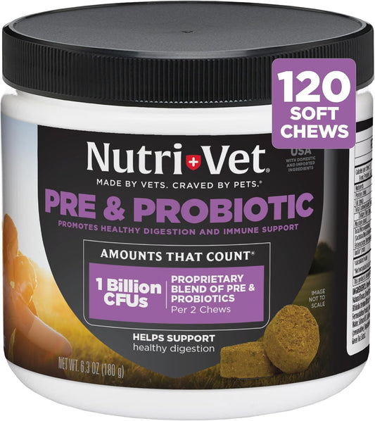 Nutri-Vet Pre & Probiotics for Dogs, Digestive Support, 120 Soft Chews (Liver & Cheese Flavour)