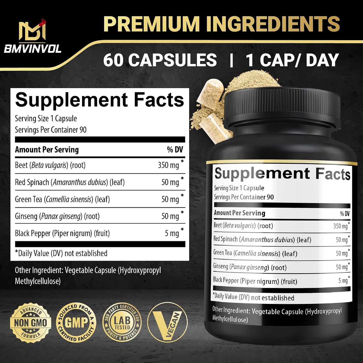BMVINVOL Beetroot Capsules with Green Tea, Red Spinach, Ginseng and Black Pepper – 90 Capsules - görsel 2