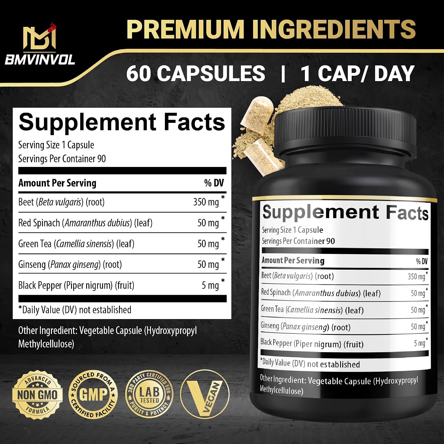 BMVINVOL Beetroot Capsules with Green Tea, Red Spinach, Ginseng and Black Pepper – 90 Capsules - görsel 2