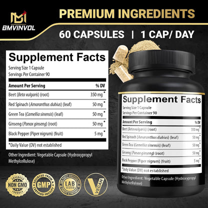 BMVINVOL Beetroot Capsules with Green Tea, Red Spinach, Ginseng and Black Pepper – 90 Capsules