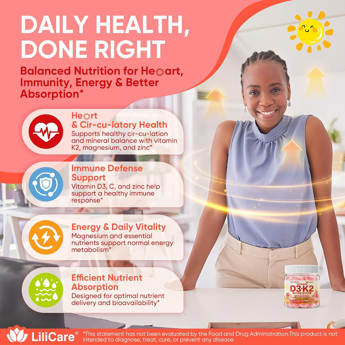 Vitamin D3 K2 Gummies with Calcium, Magnesium, Zinc - 5000 IU / 10,000 IU - Vegan, Sugar-Free, 60 Count - görsel 6