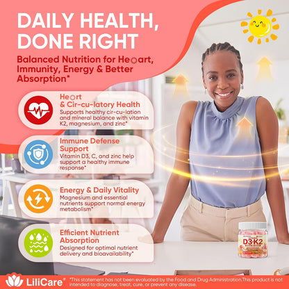 Vitamin D3 K2 Gummies with Calcium, Magnesium, Zinc - 5000 IU / 10,000 IU - Vegan, Sugar-Free, 60 Count