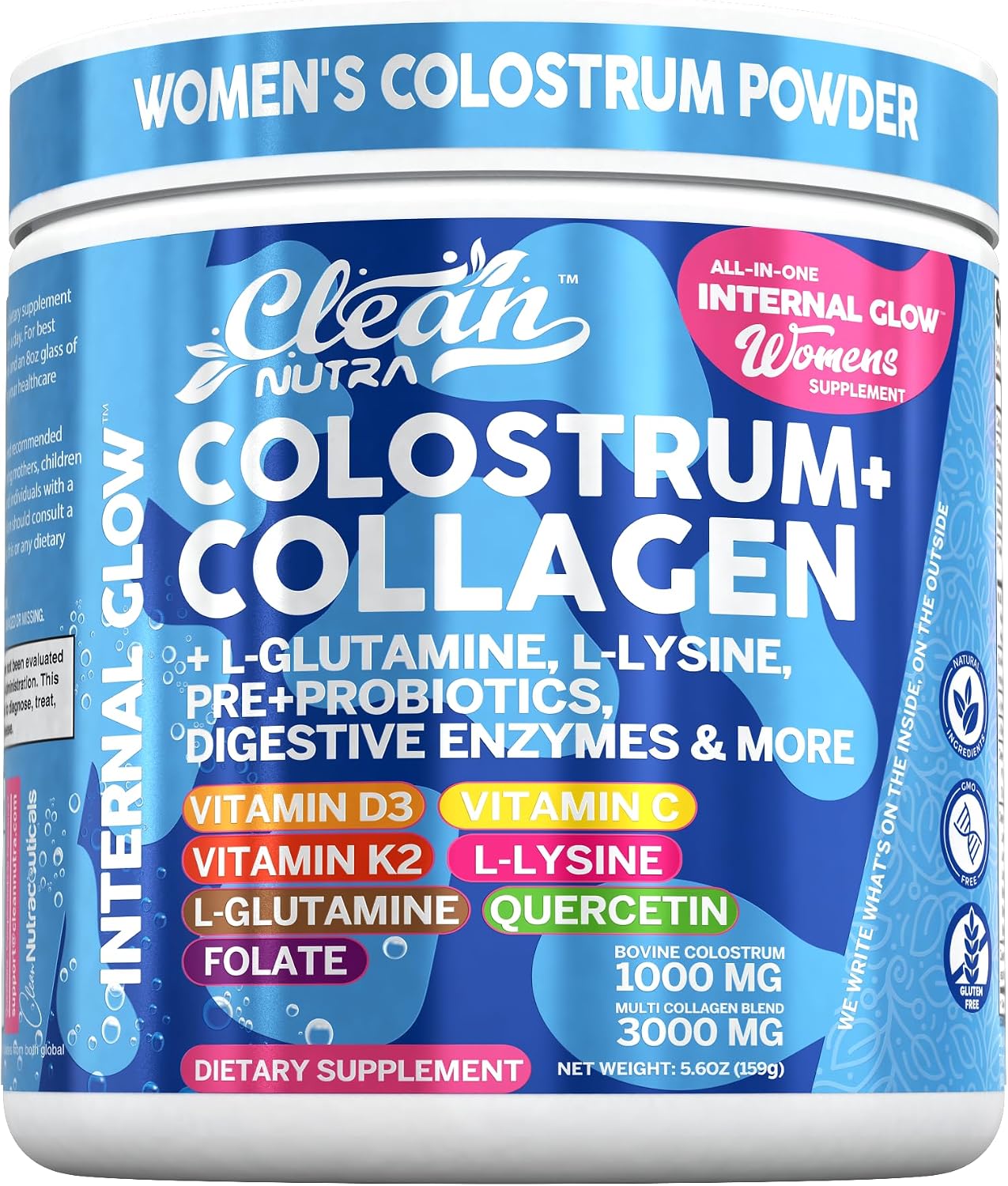 Bovine Colostrum Powder + Collagen Peptides with L-Glutamine, L-Lysine, Prebiotics, Probiotics, Digestive Enzymes, Vitamin D K2 C, Quercetin & Folate – Gut Health Supplement, Internal Glow by Clean Nutra - görsel 1